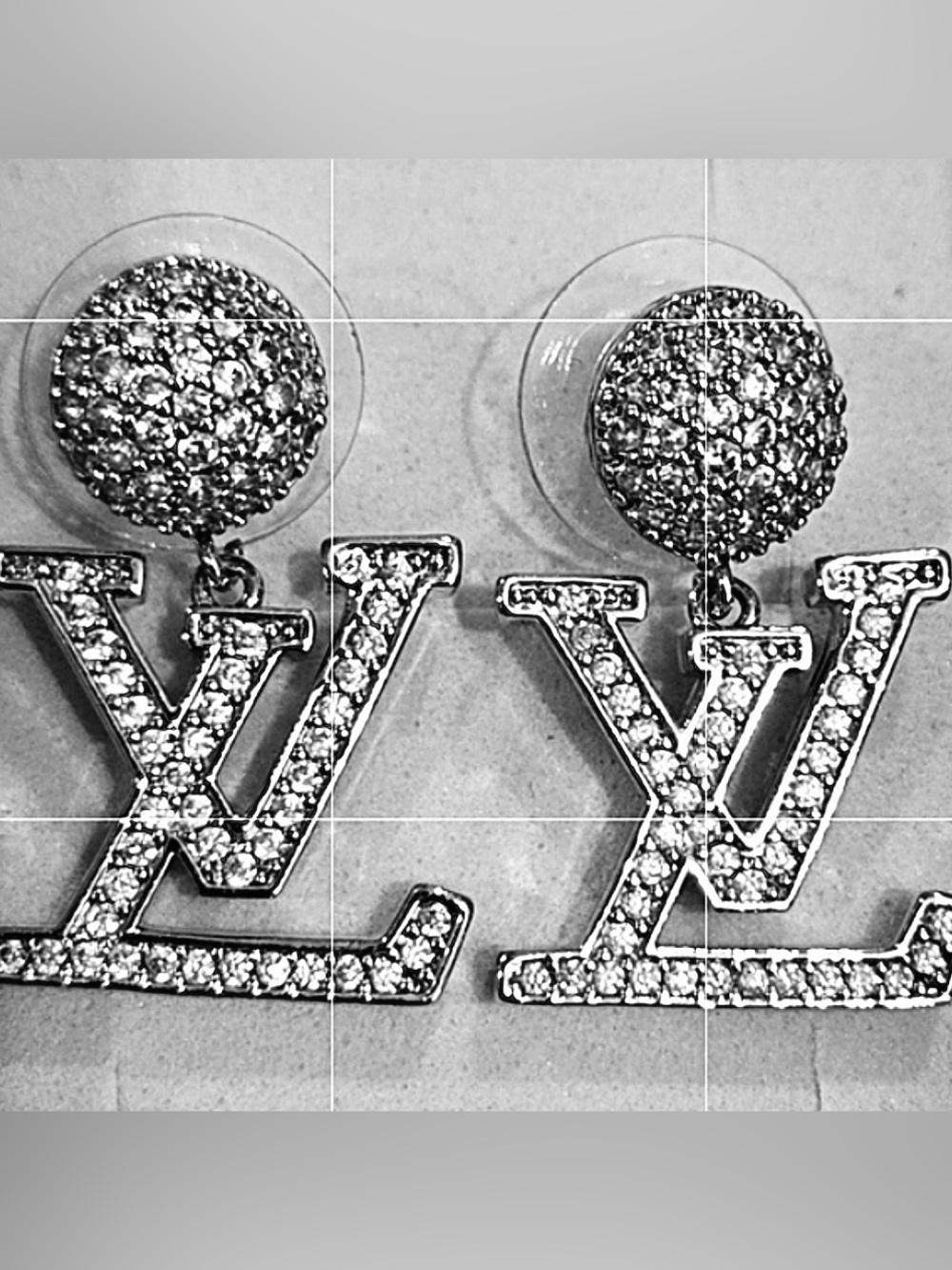 Louis Vuitton Style Crystal Logo Drop Earrings in Silver